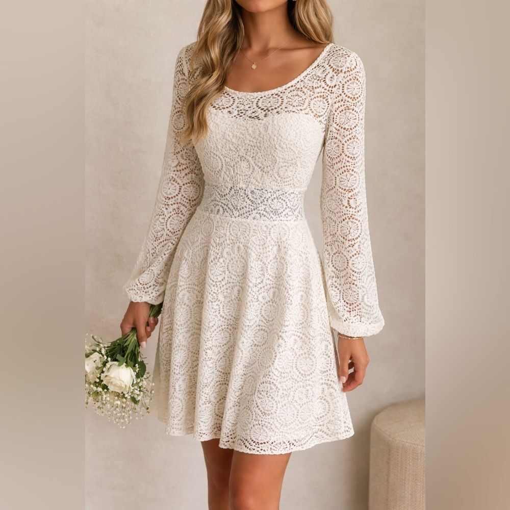 Sequin Hearts White Lace Fit & Flare Dress Size 7 Boho Bridal Graduation
